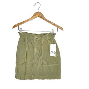 Zara Paperbag Waist Cargo Mini Skirt in‎ Olive Green Raw Frayed Hemline Size S
